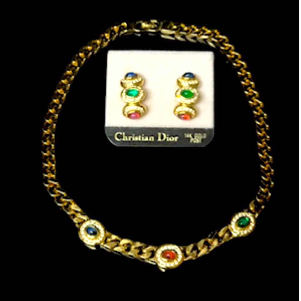 Christian Dior Gripoix Ruby, Emerald, Blue Color Cabochons necklace earrings set